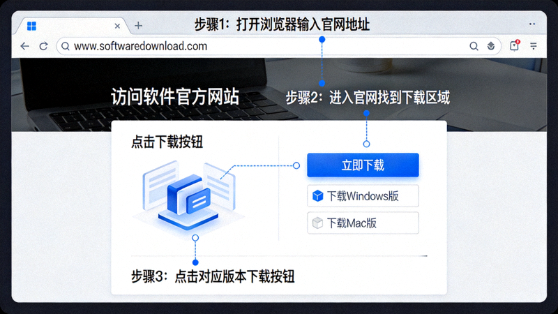 电脑屏幕上显示访问软件官方网站并点击下载按钮的操作步骤截图