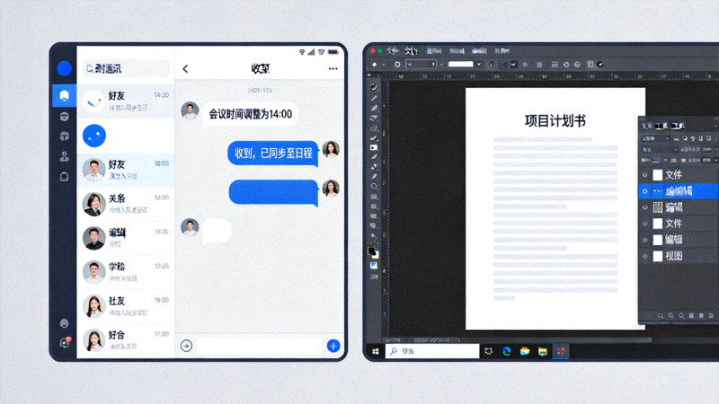 即时通讯软件聊天界面和办公软件编辑界面的同屏对比示意图