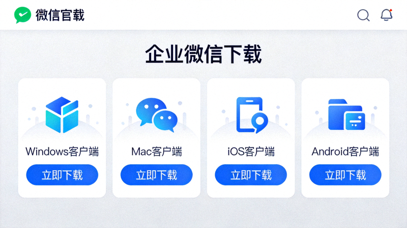 企业微信官方网站下载页面截图，展示Windows、Mac、iOS和Android客户端的下载按钮