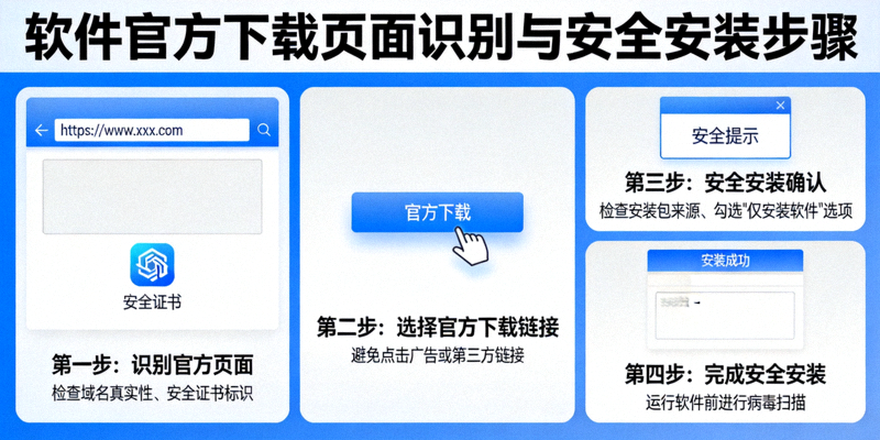 软件官方下载页面识别与安全安装步骤示意图