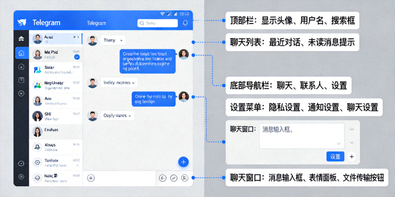 Telegram 软件界面基础设置与功能区域标注图