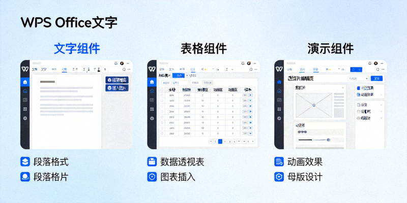 WPS Office 文字、表格、演示三大组件核心功能界面图解